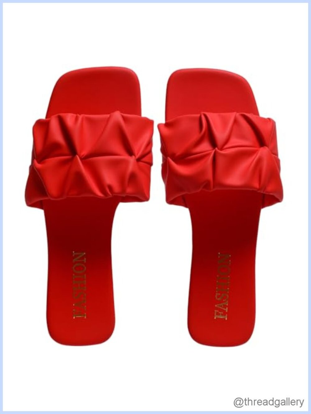 Pleated Square Toe Slide Sandals Faux Leather Open Toe Flats